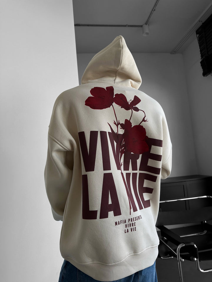 Oversize Vivre La Vie Hoodie - Stone