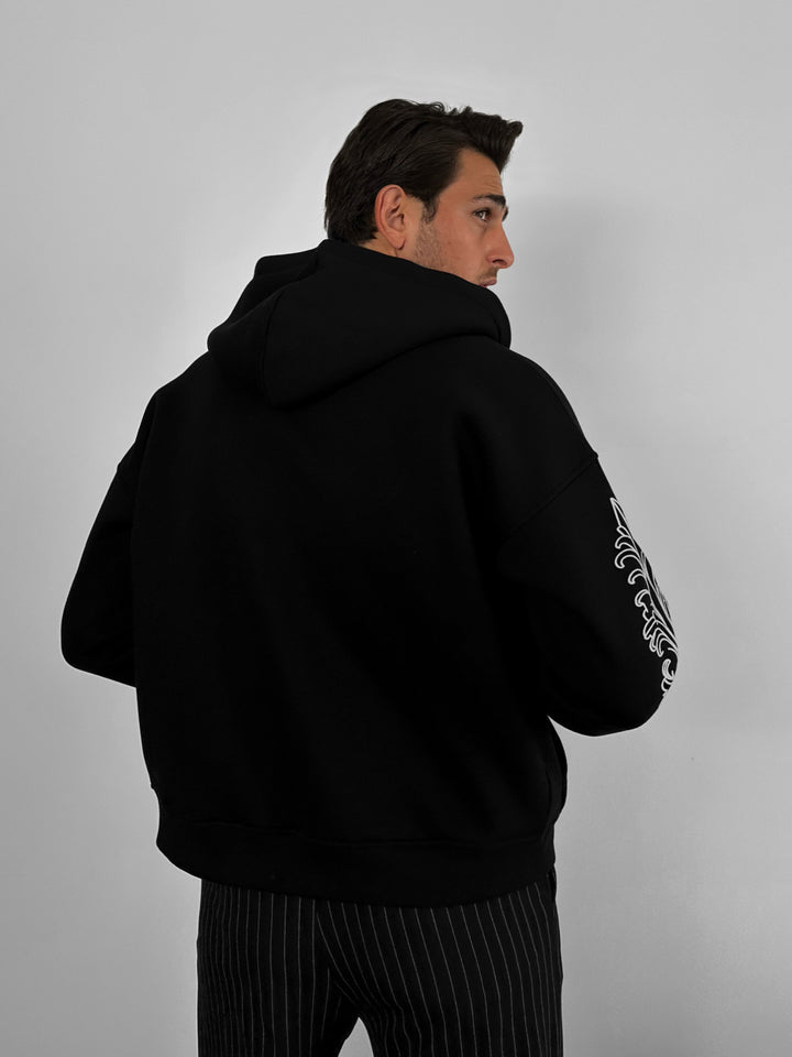 Oversize Motif Zipper Hoodie - Black