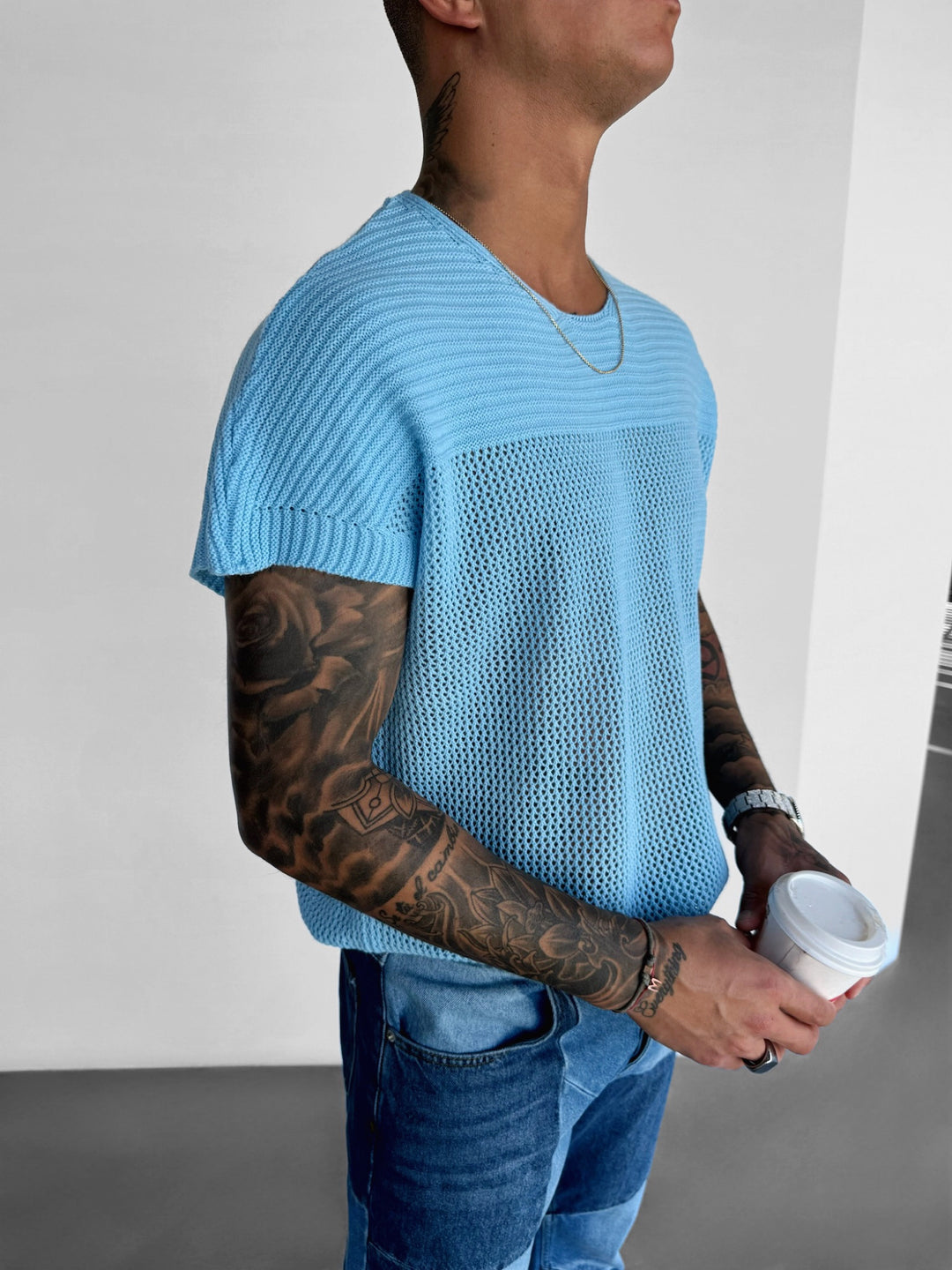 Oversize Textured Knit T-shirt - Babyblue