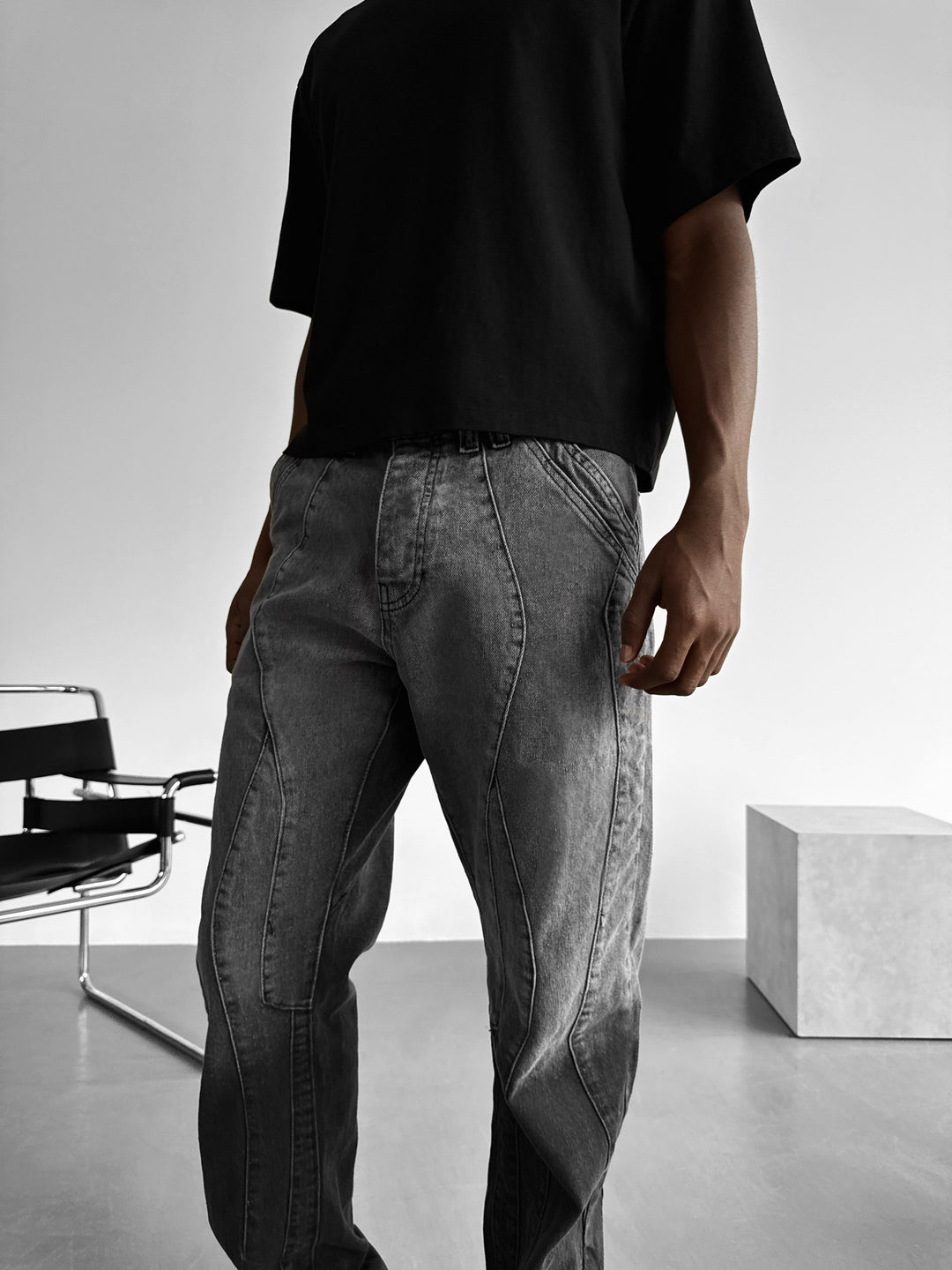 Baggy Half Washed Seam Jeans - Black STOK EKLEME