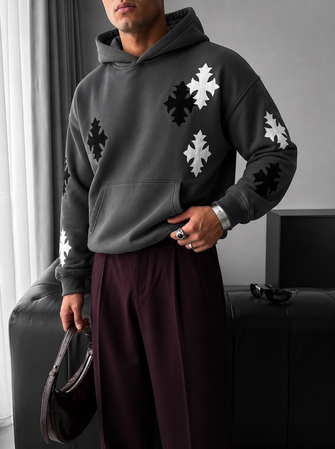 Oversize Gothic Cross Hoodie - Anthracite