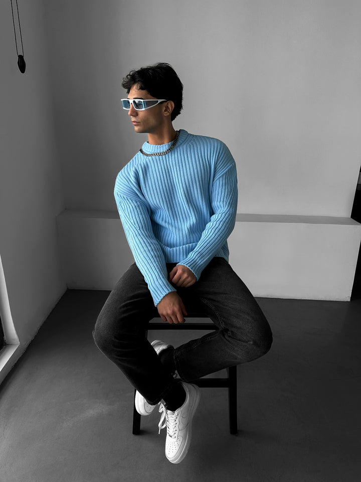 Loose Fit Striped Structure Pullover - Babyblue