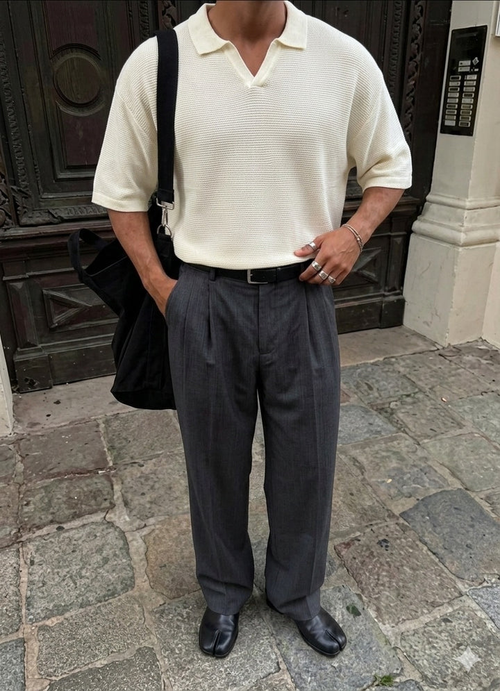 Oversize Collar Ribbed Knit T-Shirt - Ecru