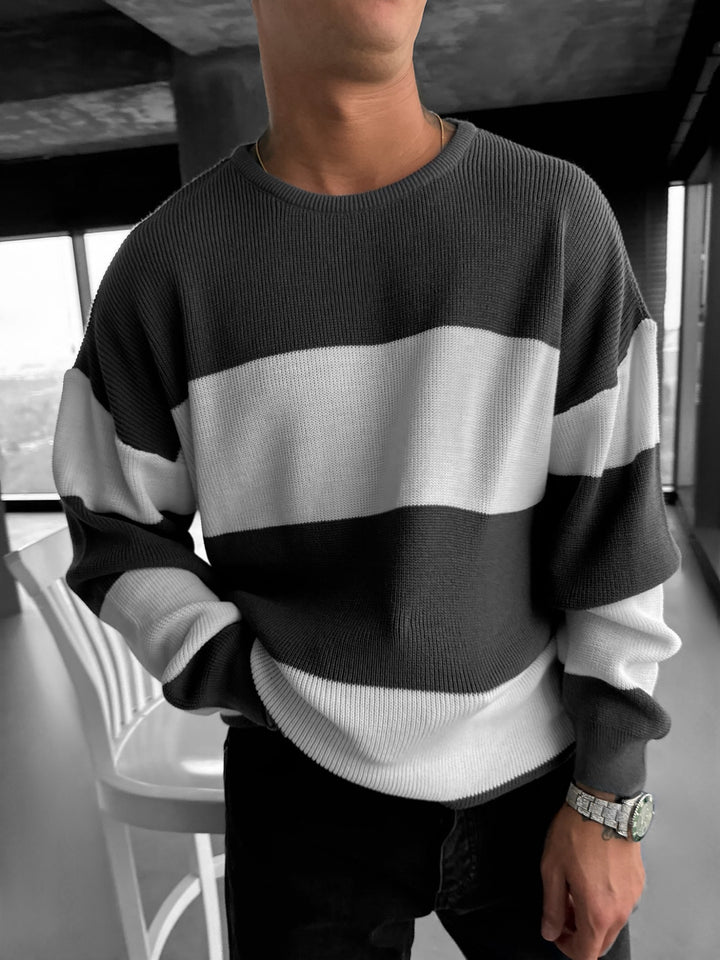 Loose Fit Strip Knit Sweater - Anthracite