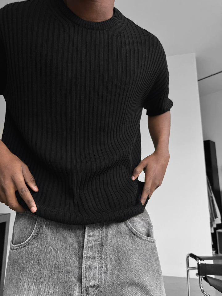 Loose Fit Ribbed Knit T-Shirt - Black