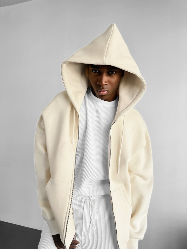 Oversize Basic Zipper Hoodie - Antique White