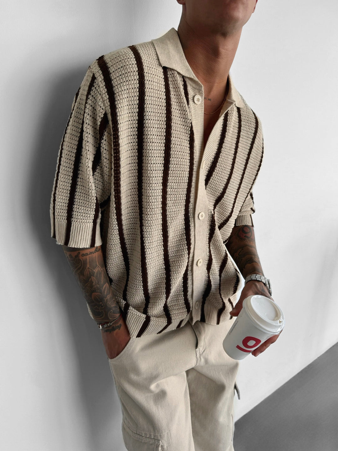 Oversize Knit Lines Shirt - Creme and Brown