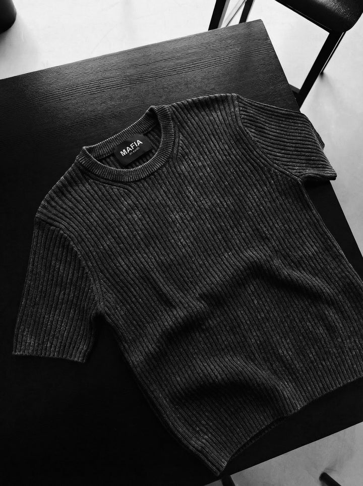 Slim Fit Washed Thin Lines Knit T-Shirt - Anthracite