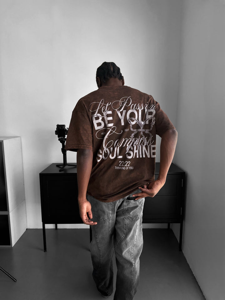 Oversize Washed 'Be your Soul Shine' T-Shirt - Brown