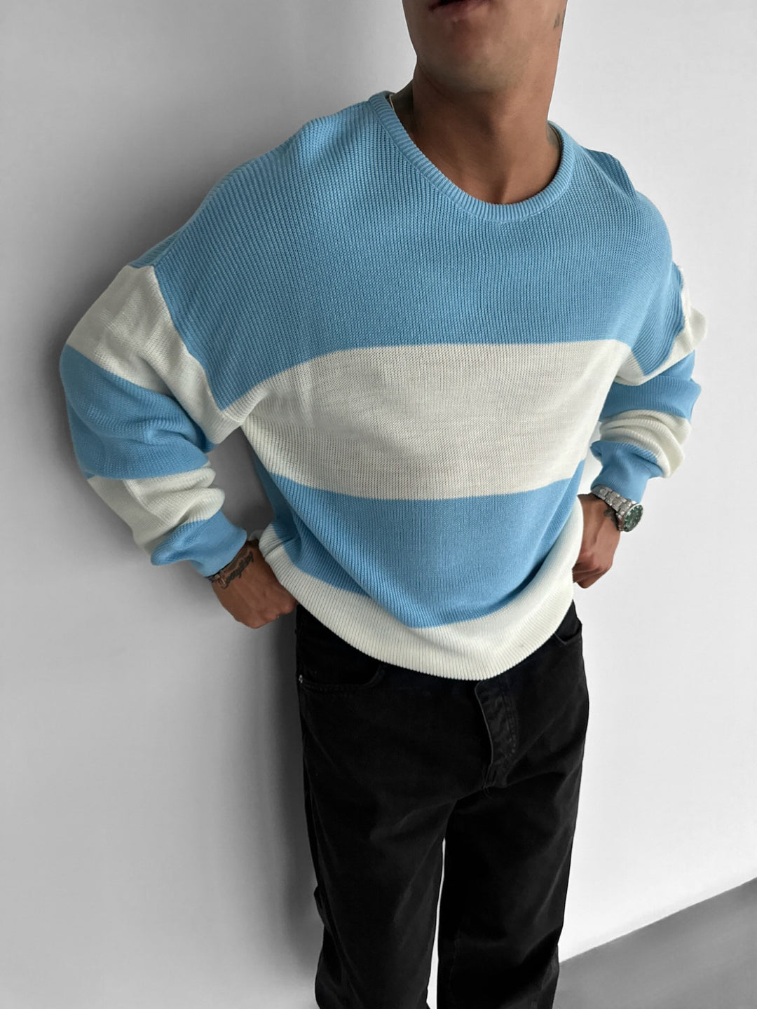 Loose Fit Strip Knit Sweater - Baby Blue