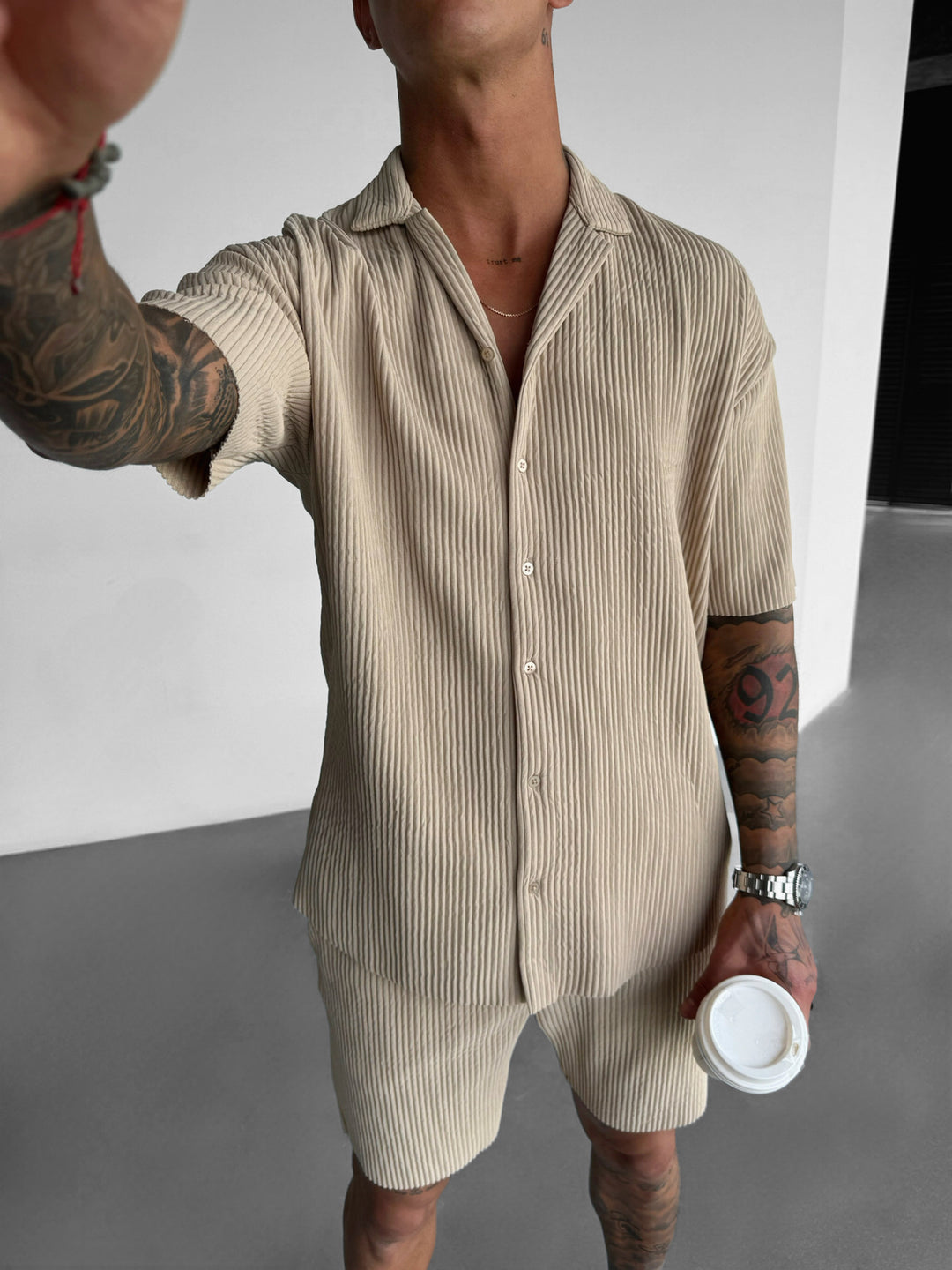 Regular Fit Ribbed Shirt - Beige