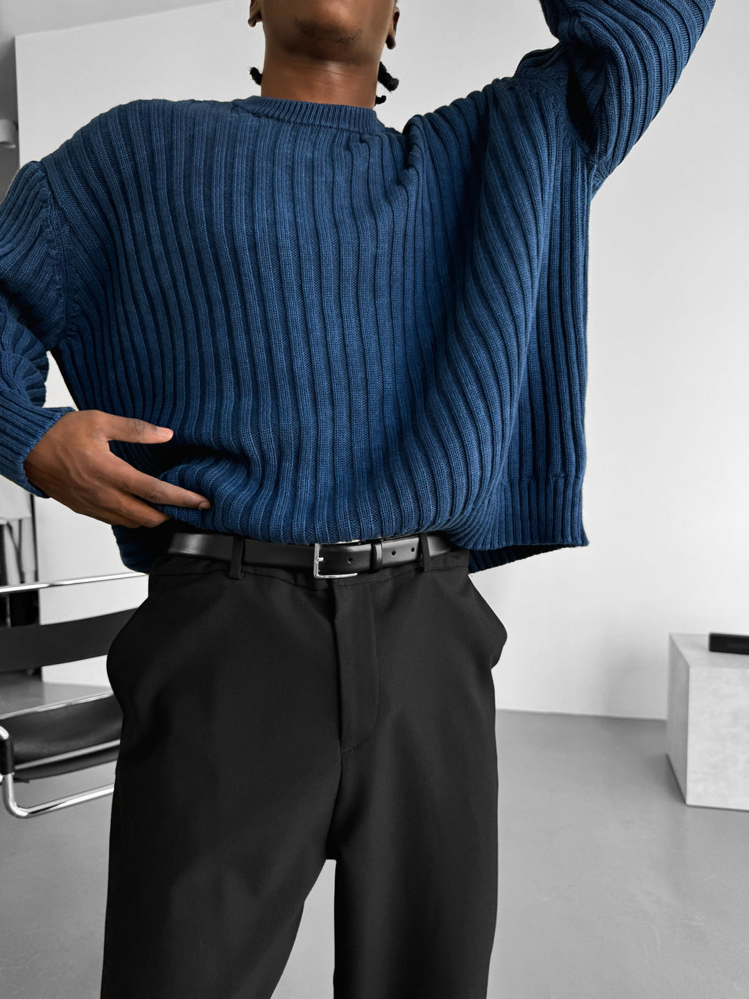 Oversize Ribbed Washed Sweater - Blue