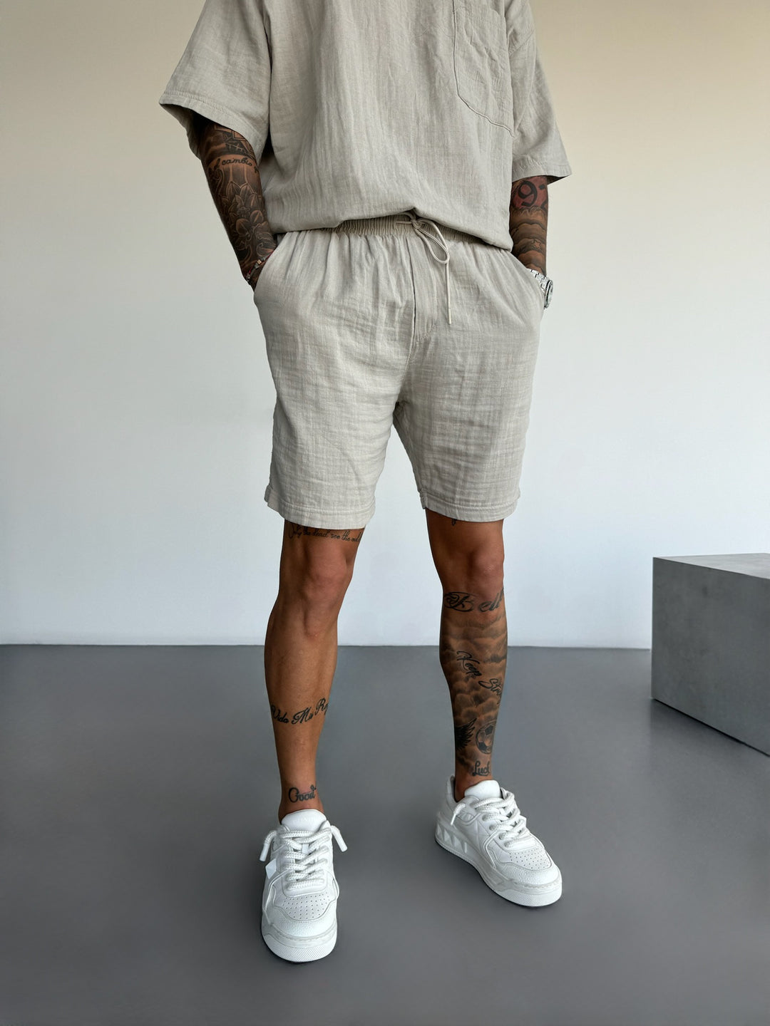 Loose Fit Linen Shorts - Stone