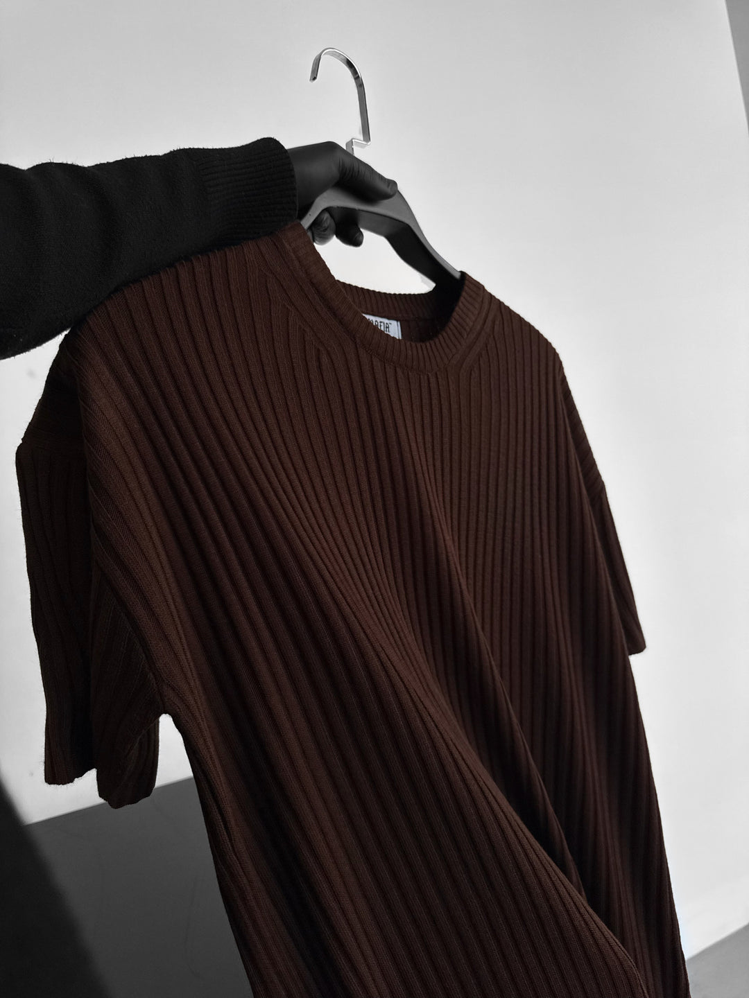 Loose Fit Ribbed Knit T-Shirt - Dark Brown