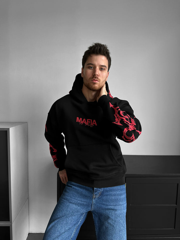 Oversize Mafia Tribal Hoodie - Black and Red