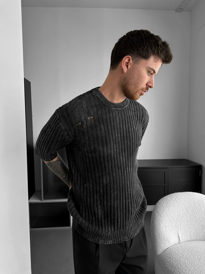 Oversize Torn Washed Knit T-shirt - Black