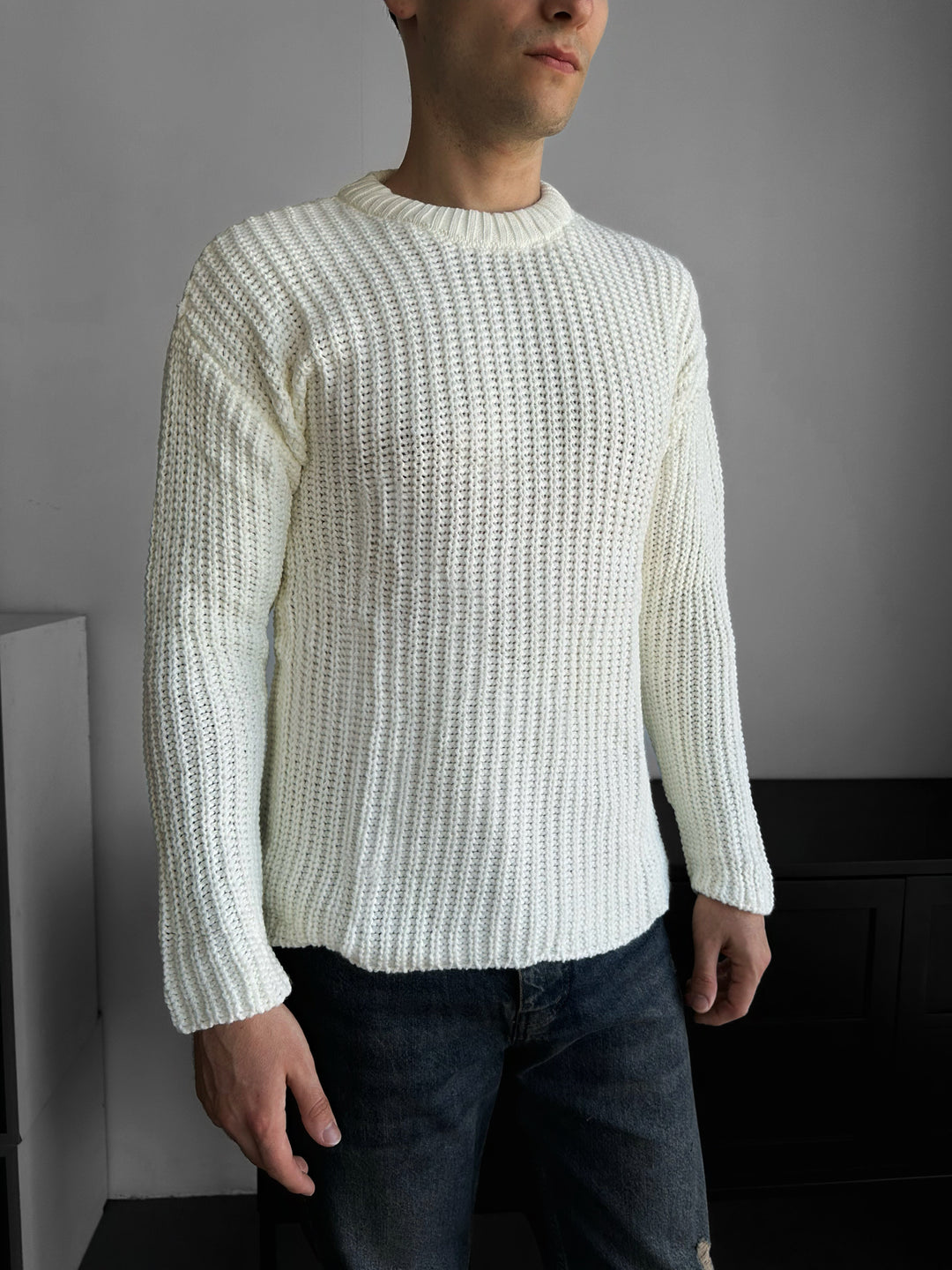 Slim Fit Braid Knit Sweater - White