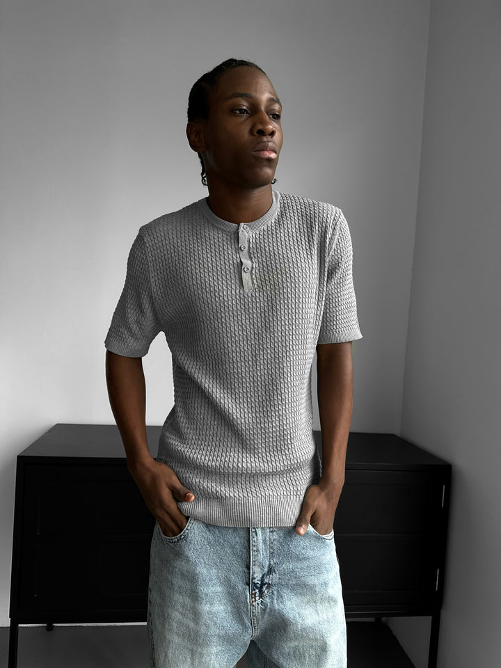 Regular Fit Waffle Button T-shirt - Grey