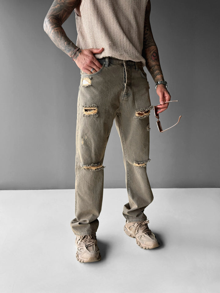 Baggy Washed Torn Jeans - Rusty