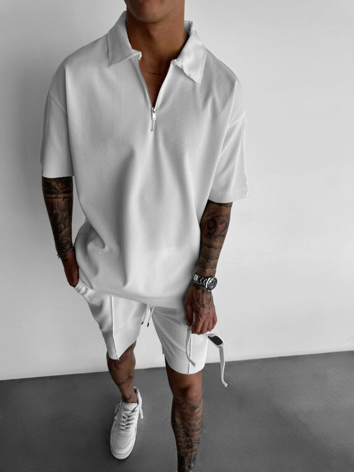 Oversize Textured Zipper Polo T-Shirt - White