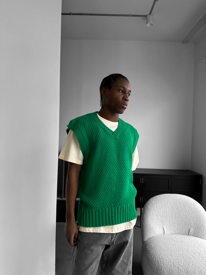 Loose Fit Knotted V Neck Pullunder - Green