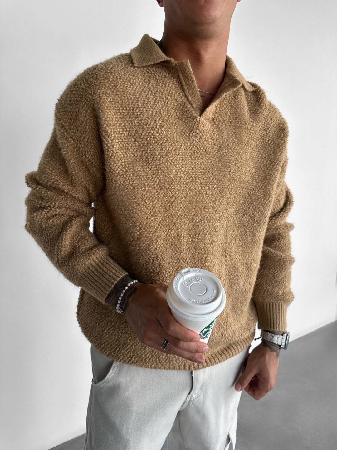 Oversize Collar Brushed Knit Sweater - Camel