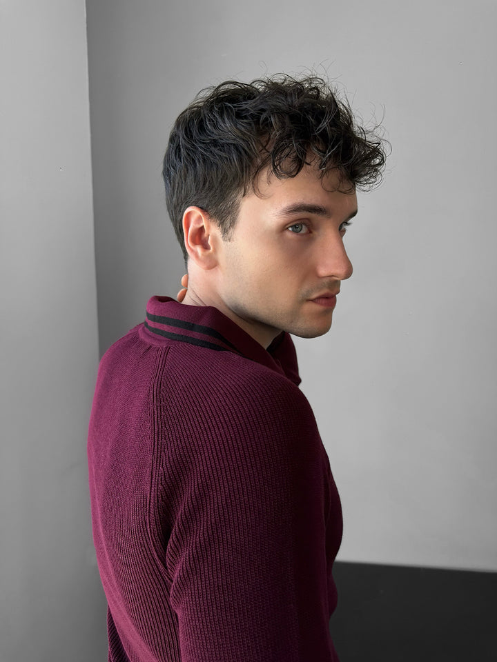 Slim Fit Half-Zip Embroidered Polo Sweater - Bordeaux
