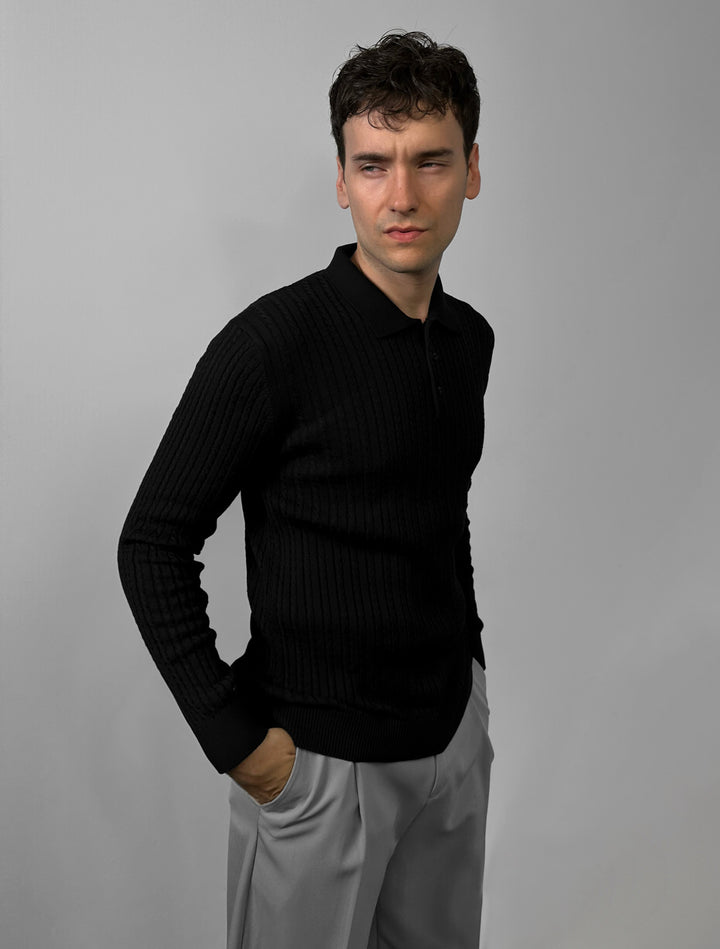 Slim Fit Textured Polo Knit Sweater - Black