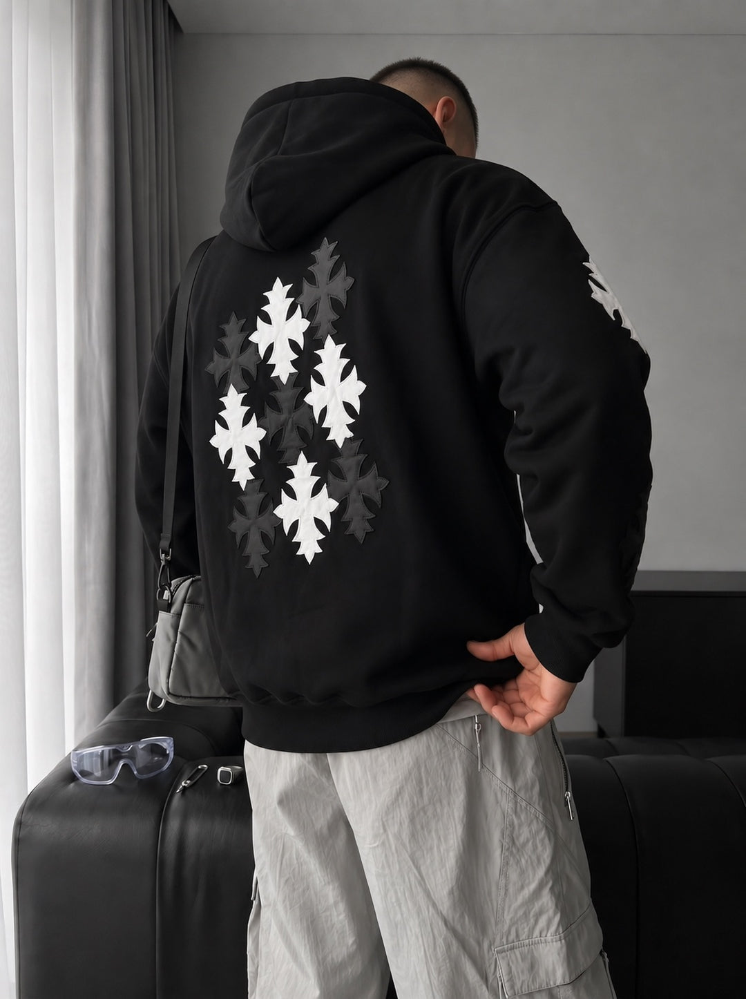 Oversize Gothic Cross Hoodie - Black