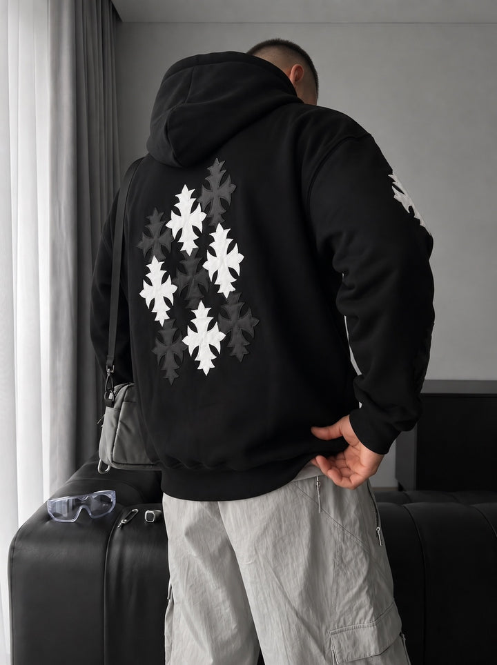 Oversize Gothic Cross Hoodie - Black