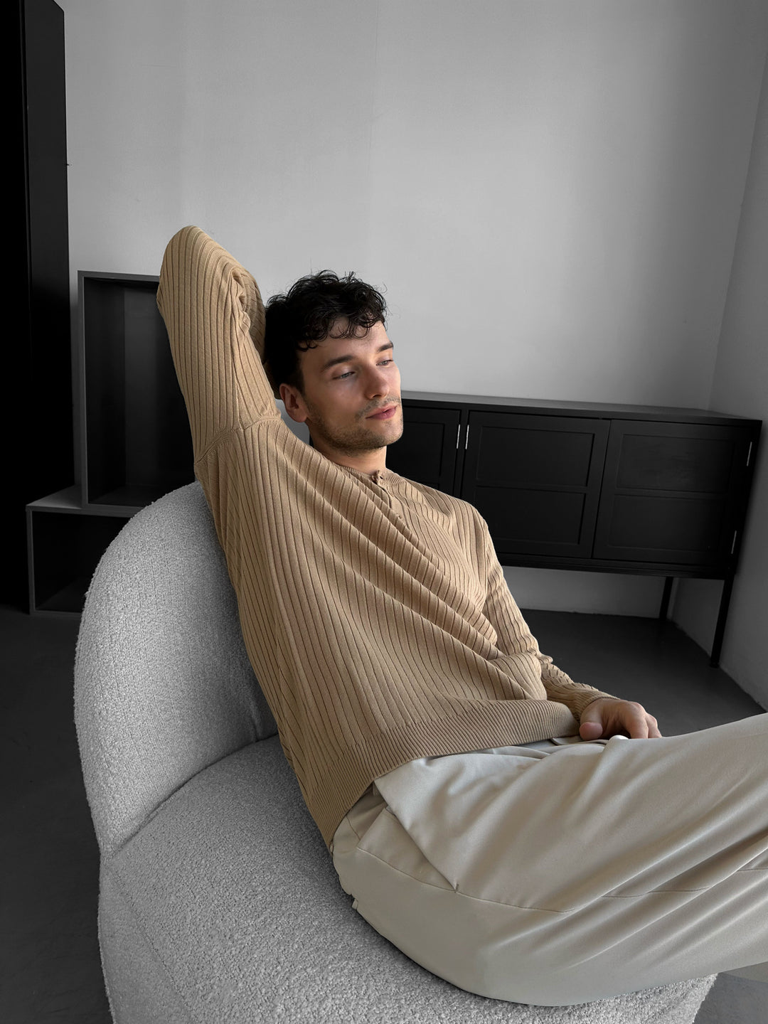Slim Fit Button Knit Sweater - Beige