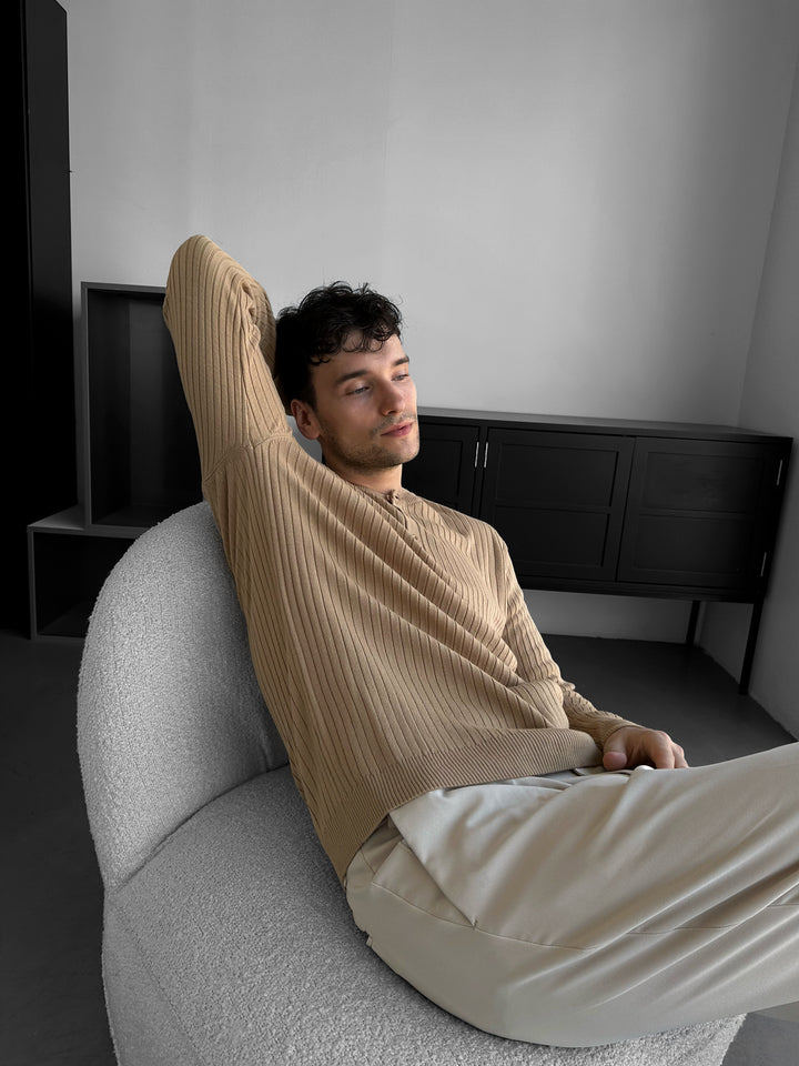 Slim Fit Button Knit Sweater - Beige