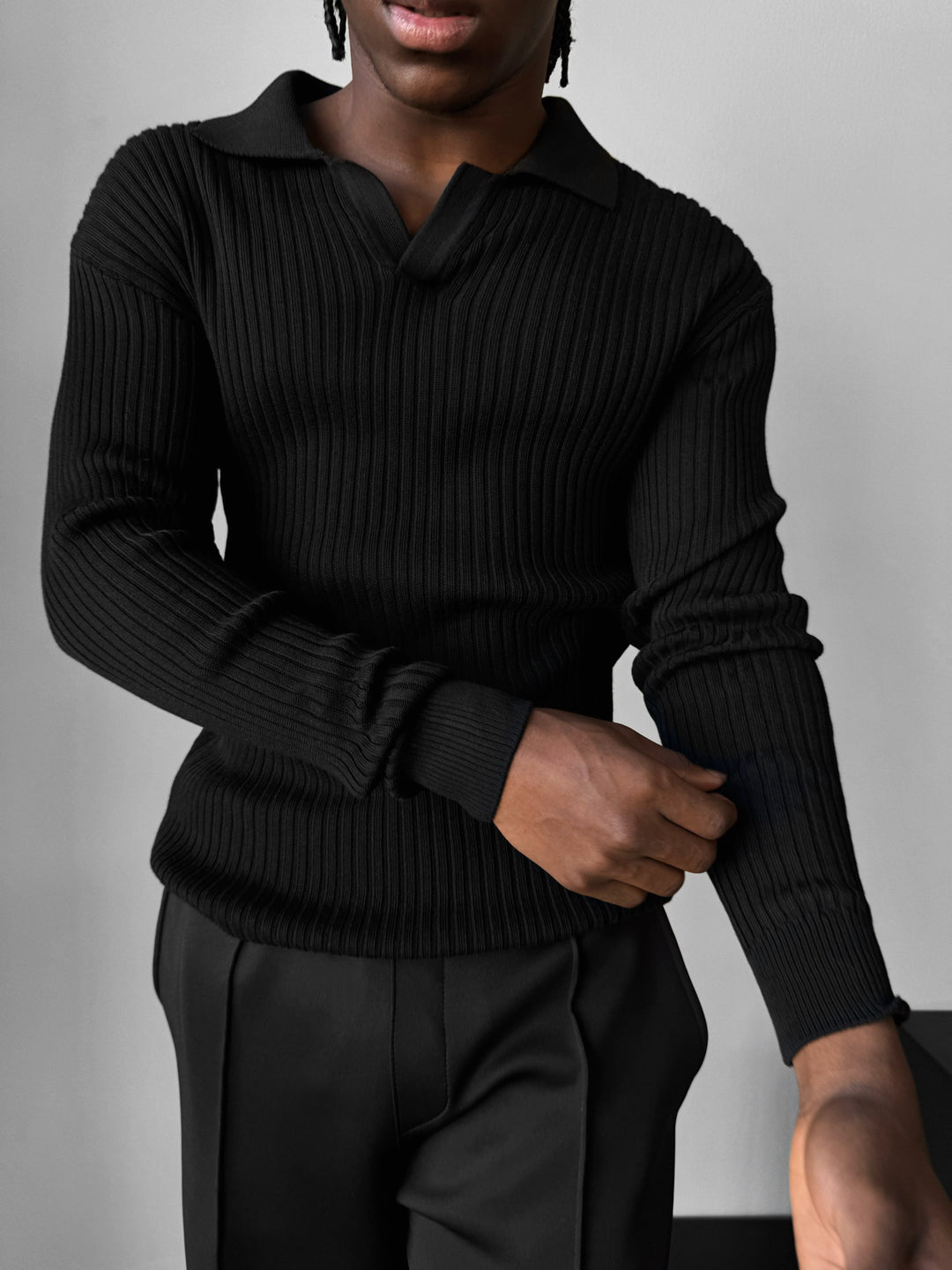 Slim Fit Knit Polo Sweater - Black