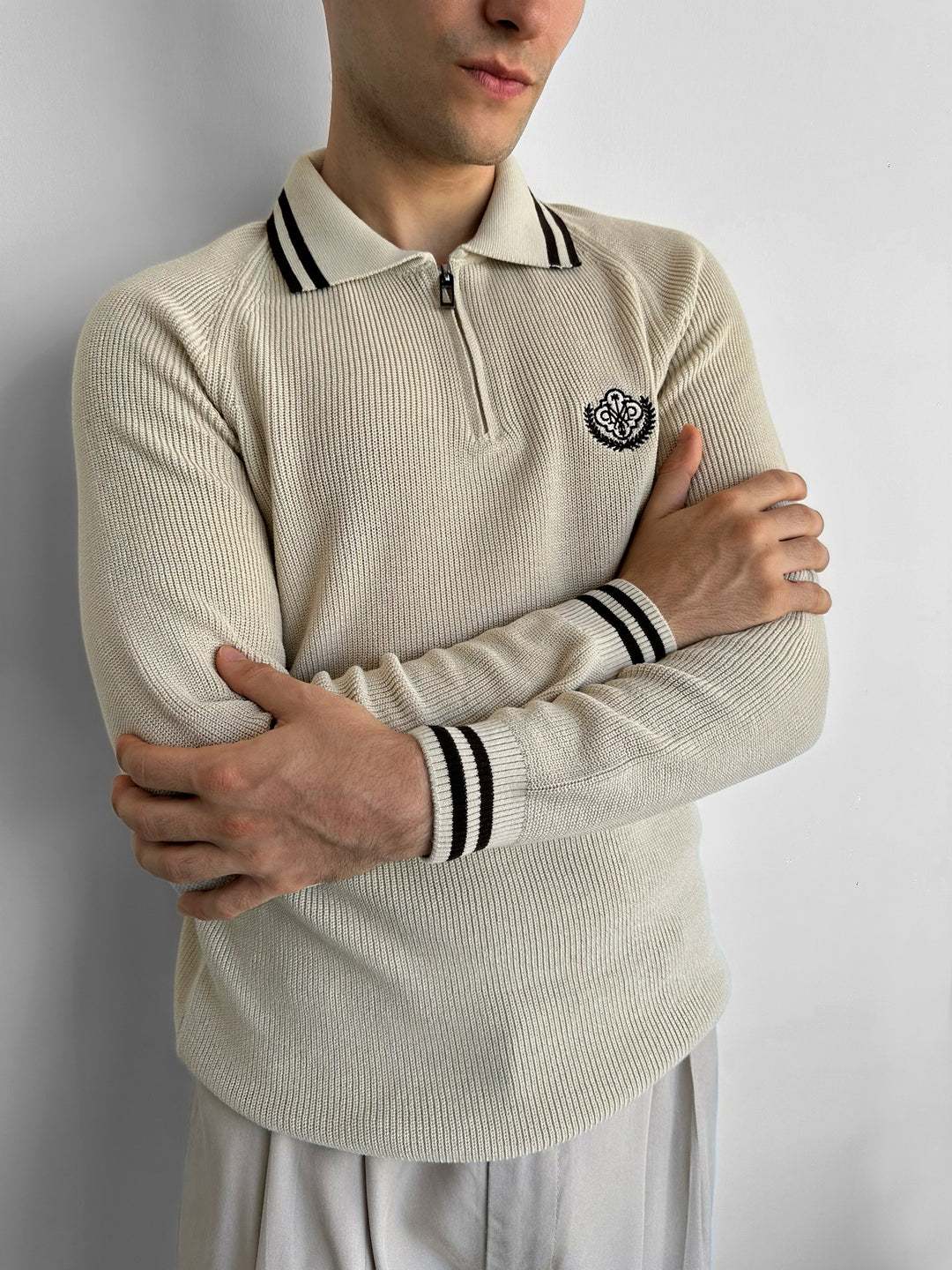 Slim Fit Half-Zip Embroidered Polo Sweater - Beige