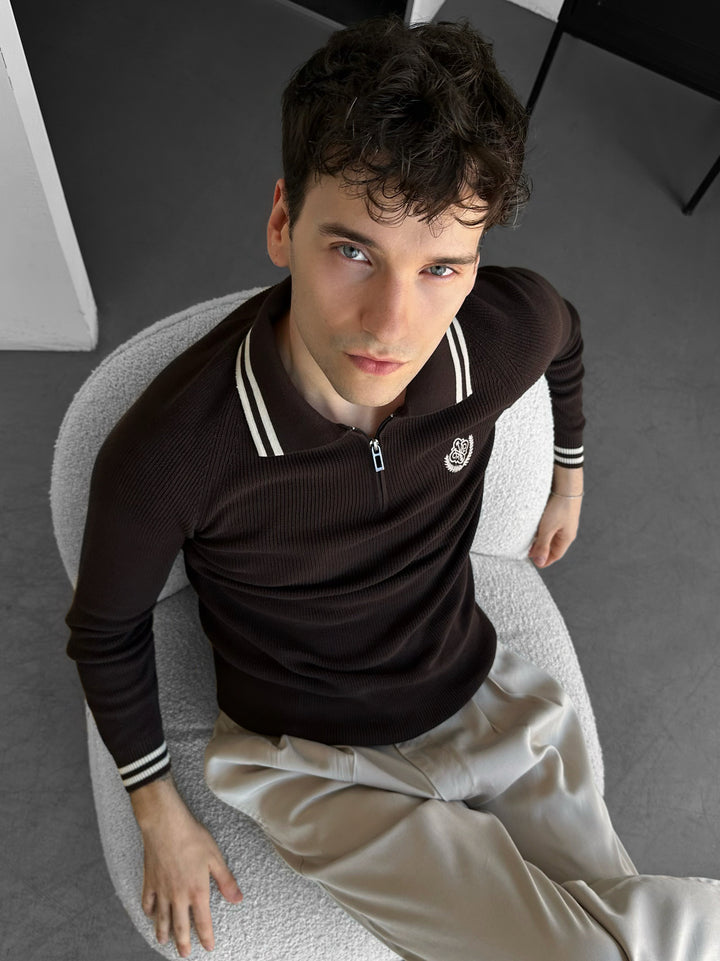 Slim Fit Half-Zip Embroidered Polo Sweater - Dark Brown