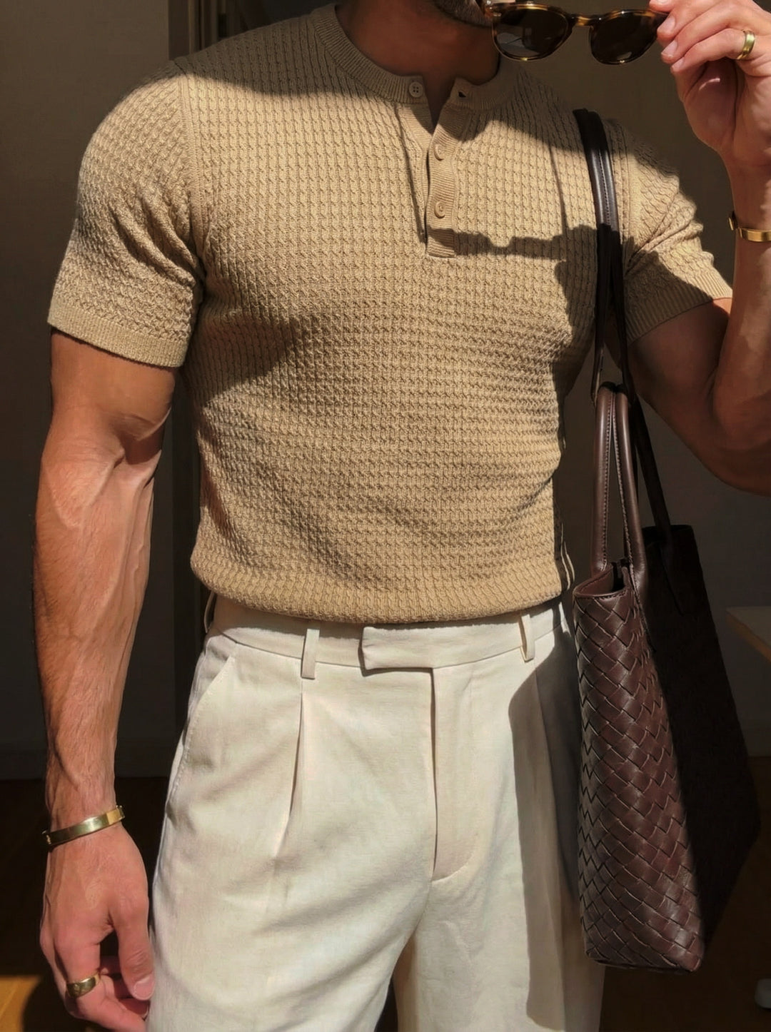 Regular Fit Waffle Button T-shirt - Camel