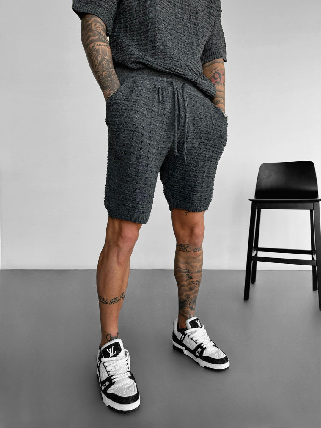 Loose Fit Holey Knit Shorts - Anthracite