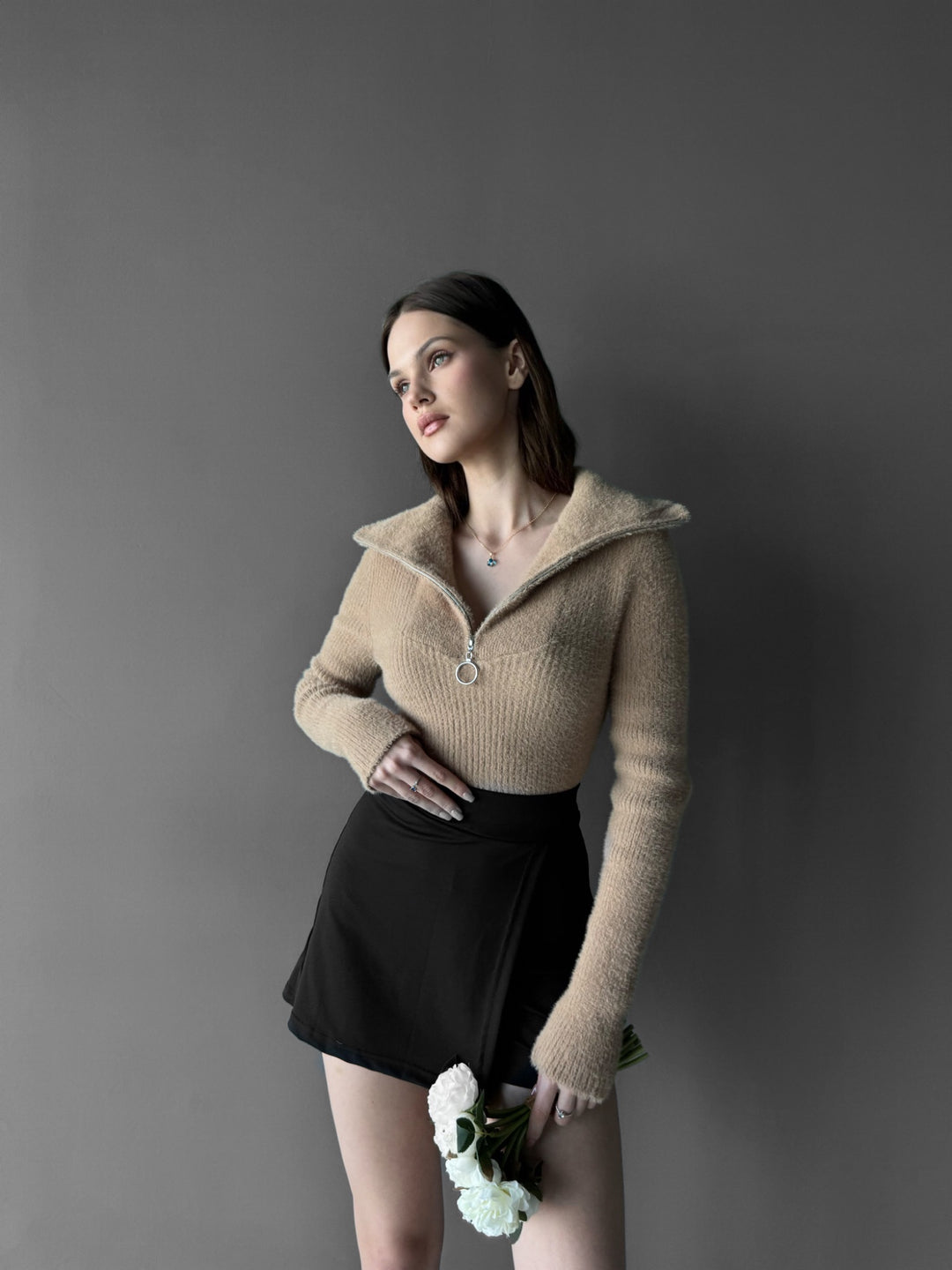 Soft Zipper Crop Pullover - Camel
