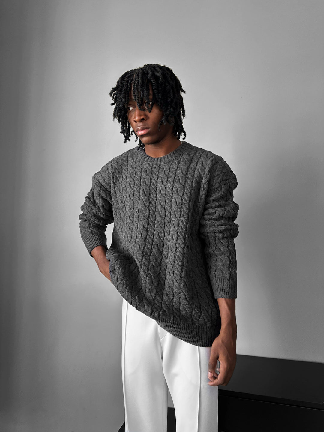 Oversize Knit Braid Sweater - Anthracite