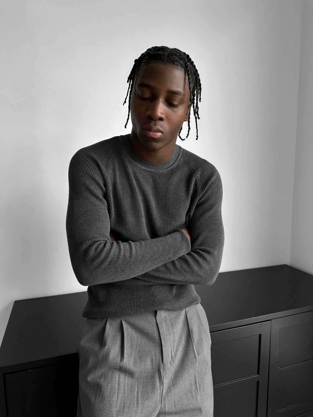 Slim Fit Thin Knit Sweater - Anthracite