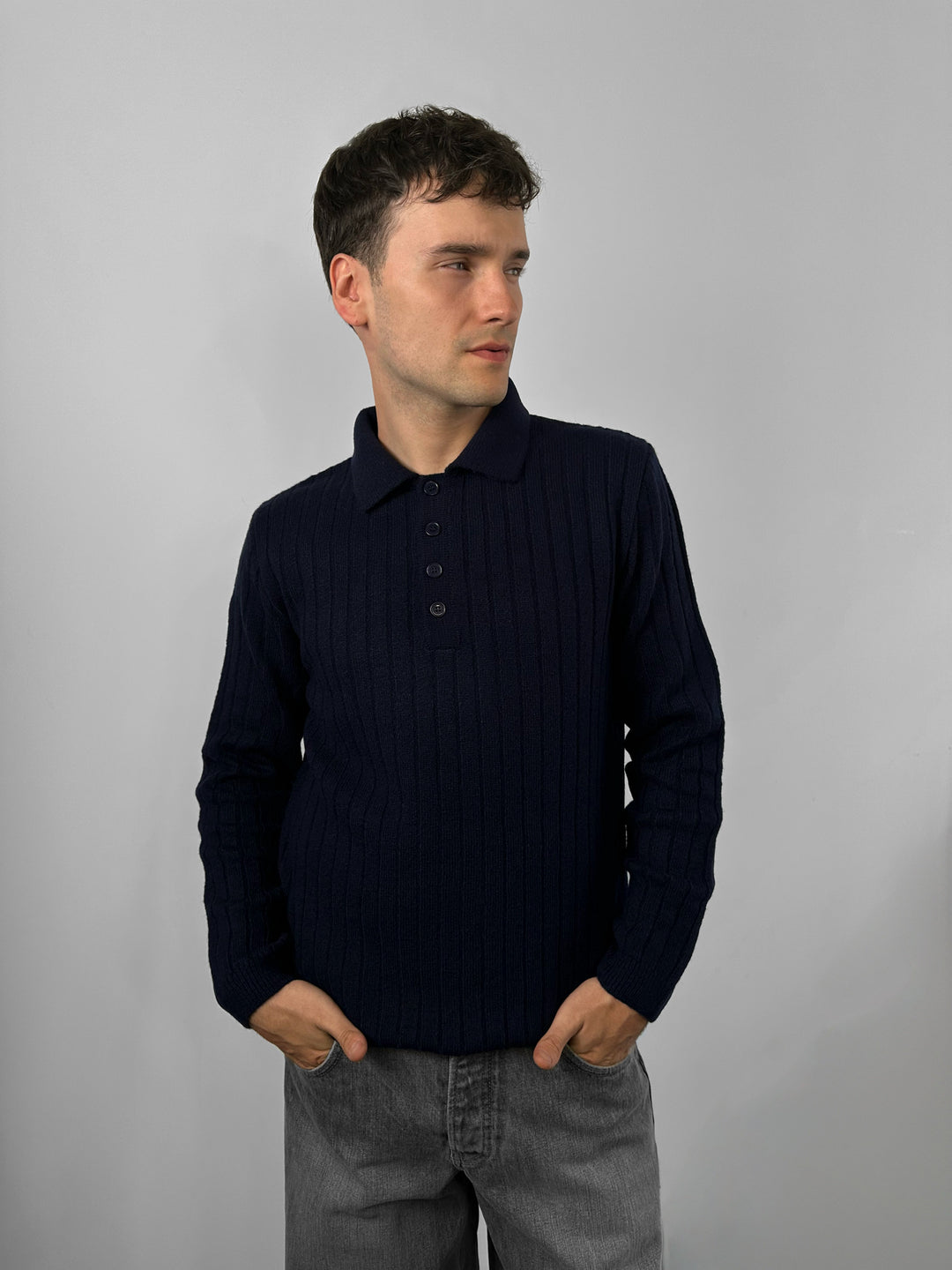Loose Fit Polo Knit Pullover - Navy Blue