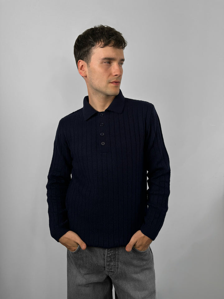 Loose Fit Polo Knit Pullover - Navy Blue