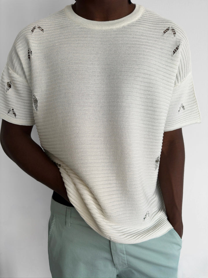 Loose Fit Torn Ribbed Knit T-Shirt - Ecru