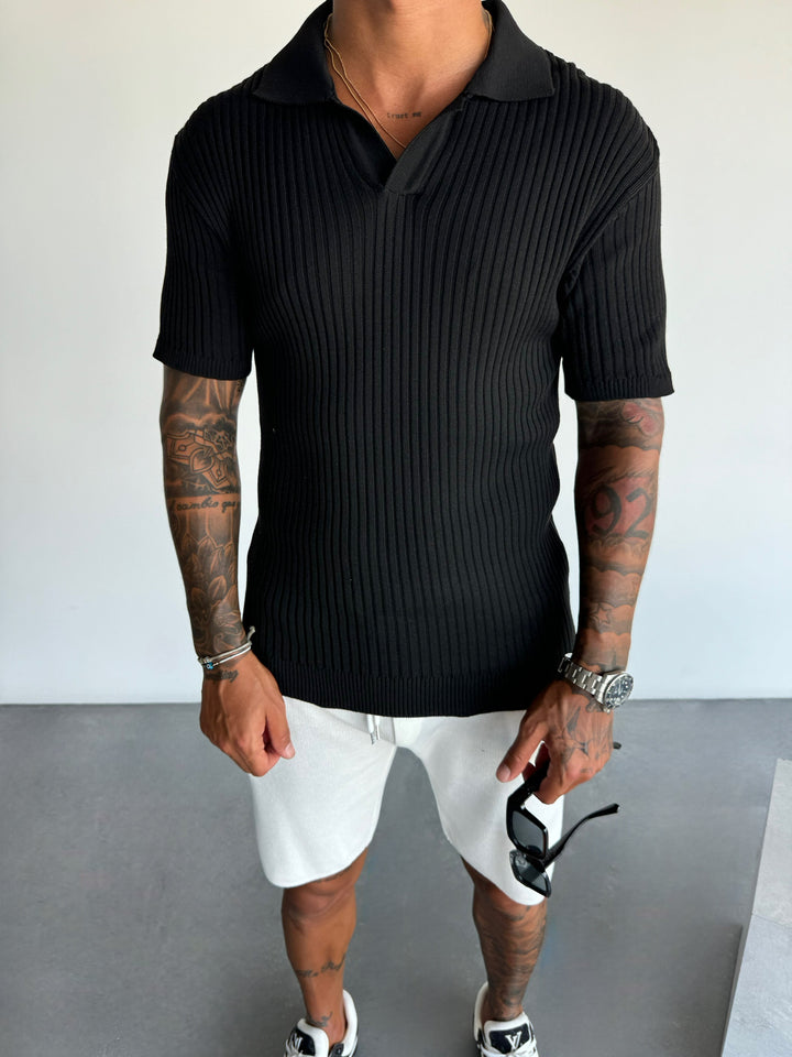 Slim Fit Knit Polo T-Shirt - Black