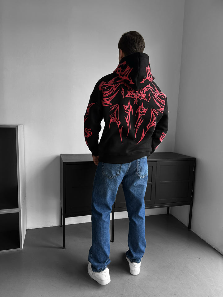 Oversize Mafia Tribal Hoodie - Black and Red
