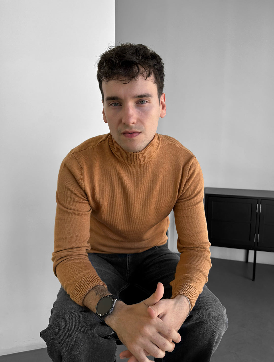Slim Fit Long Neck Pullover -Camel