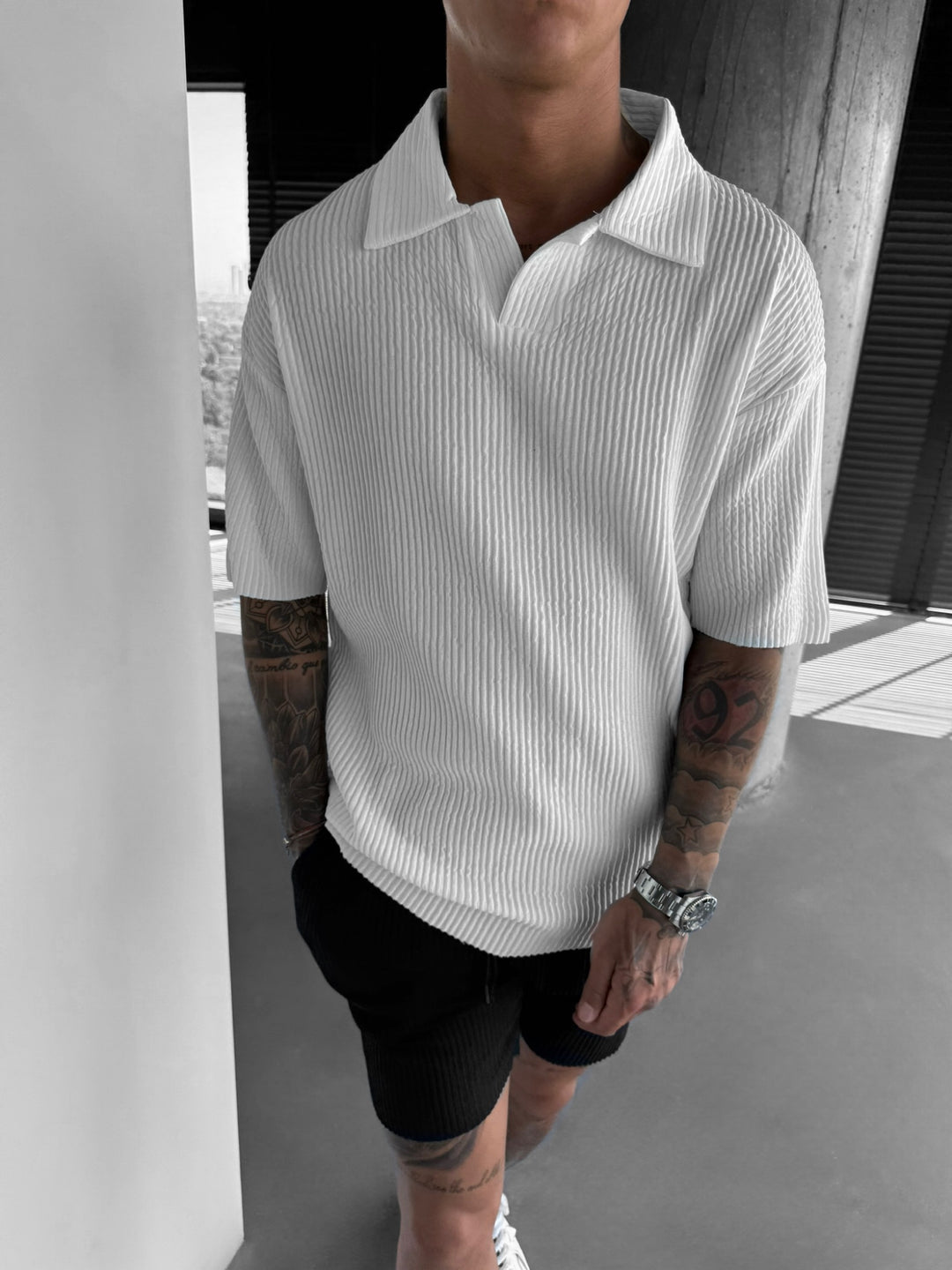 Oversize Ribbed Polo T-Shirt - Ecru