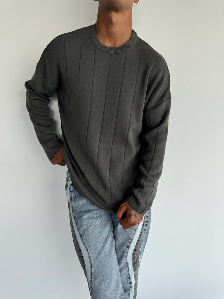 Oversize Lines Knit Sweatshirt - Anthracite