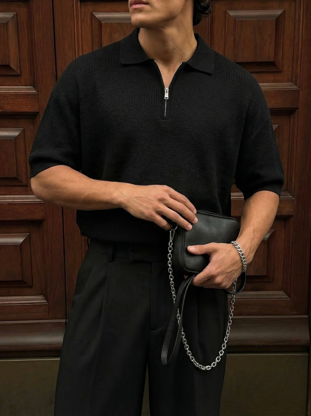 Oversize Zipper Knit Polo T-shirt - Black