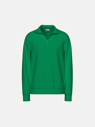 Oversize Collar Zipper Knit Sweater - Forest Green